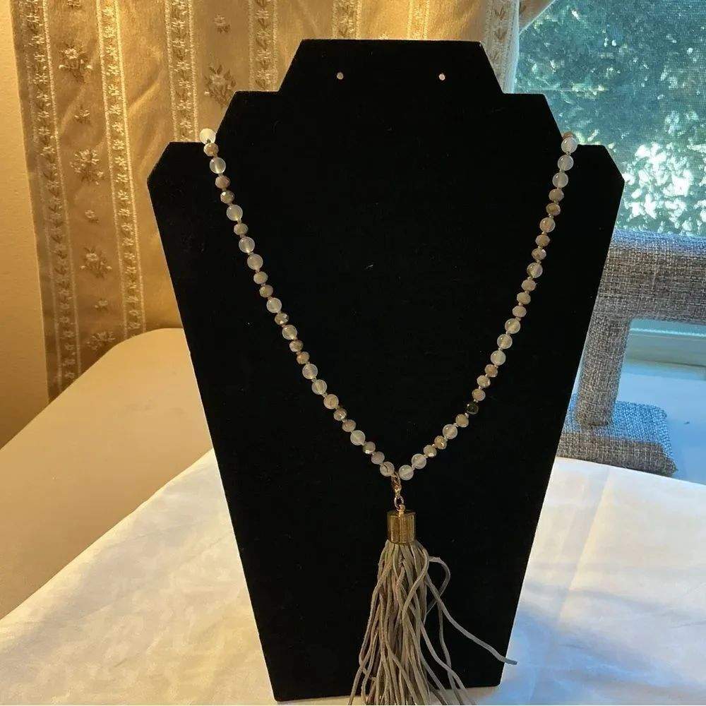 Round Grey Beads and Faceted Grey Crystal Adjustable Necklace with Tassel